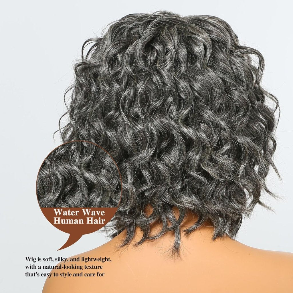 12" Glueless Wavy Bob Wigs Salt and Pepper Human Hair Wigs