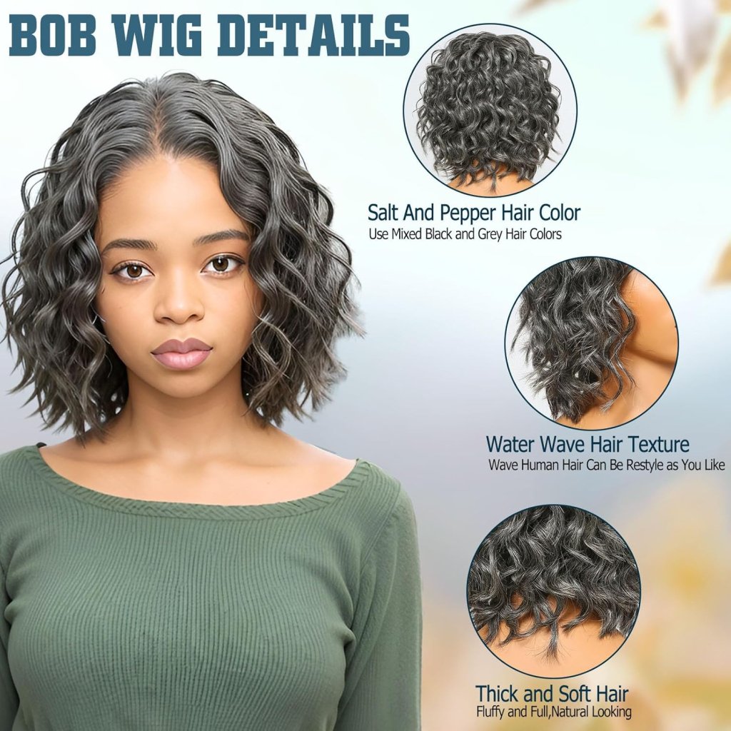 Salt And Pepper Human Hair Wigs Water Wave Grey Lace Front Wigs Short Bob Wig for Black Women
