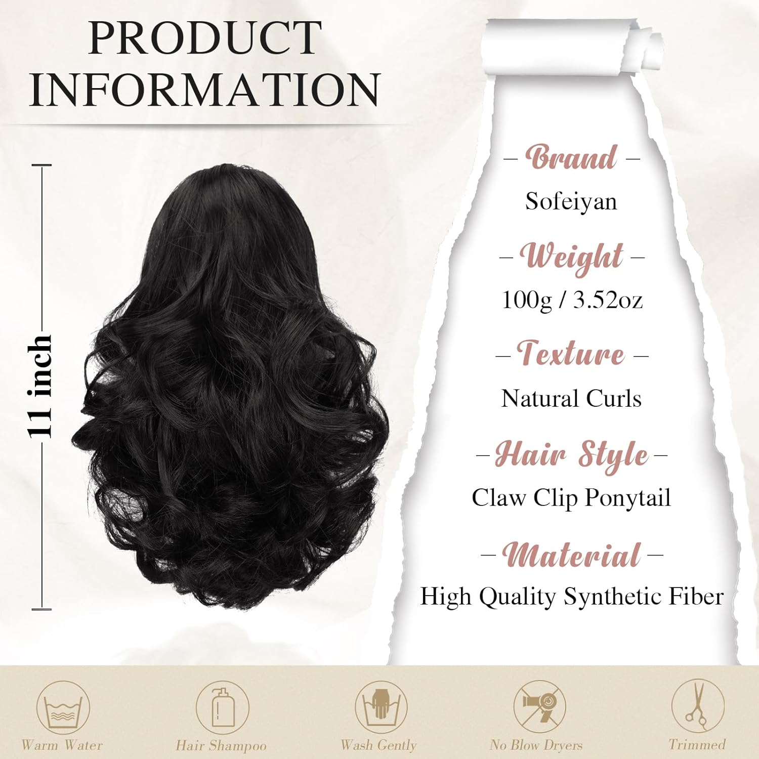 13" Ponytail Extension Long Clip in Claw Hair Extension Human Hair Wig piece