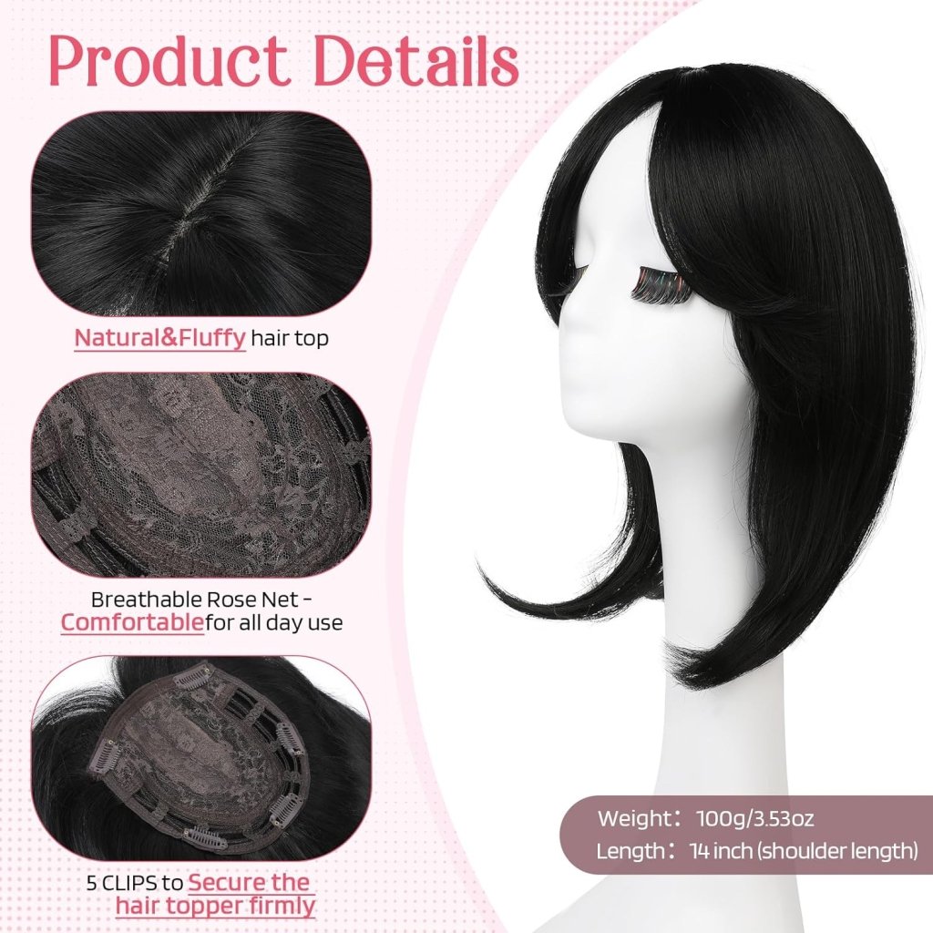 Short Layered Hair Topper with Bangs for Women with Thinning Hair 14 Inch 100% Human Hair Wigs Piece