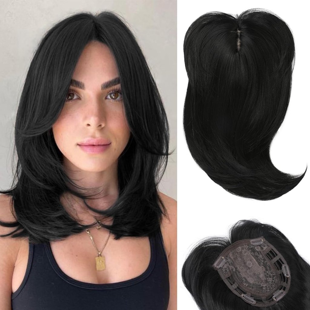 Short Layered Hair Topper with Bangs for Women with Thinning Hair 14 Inch 100% Human Hair Wigs Piece