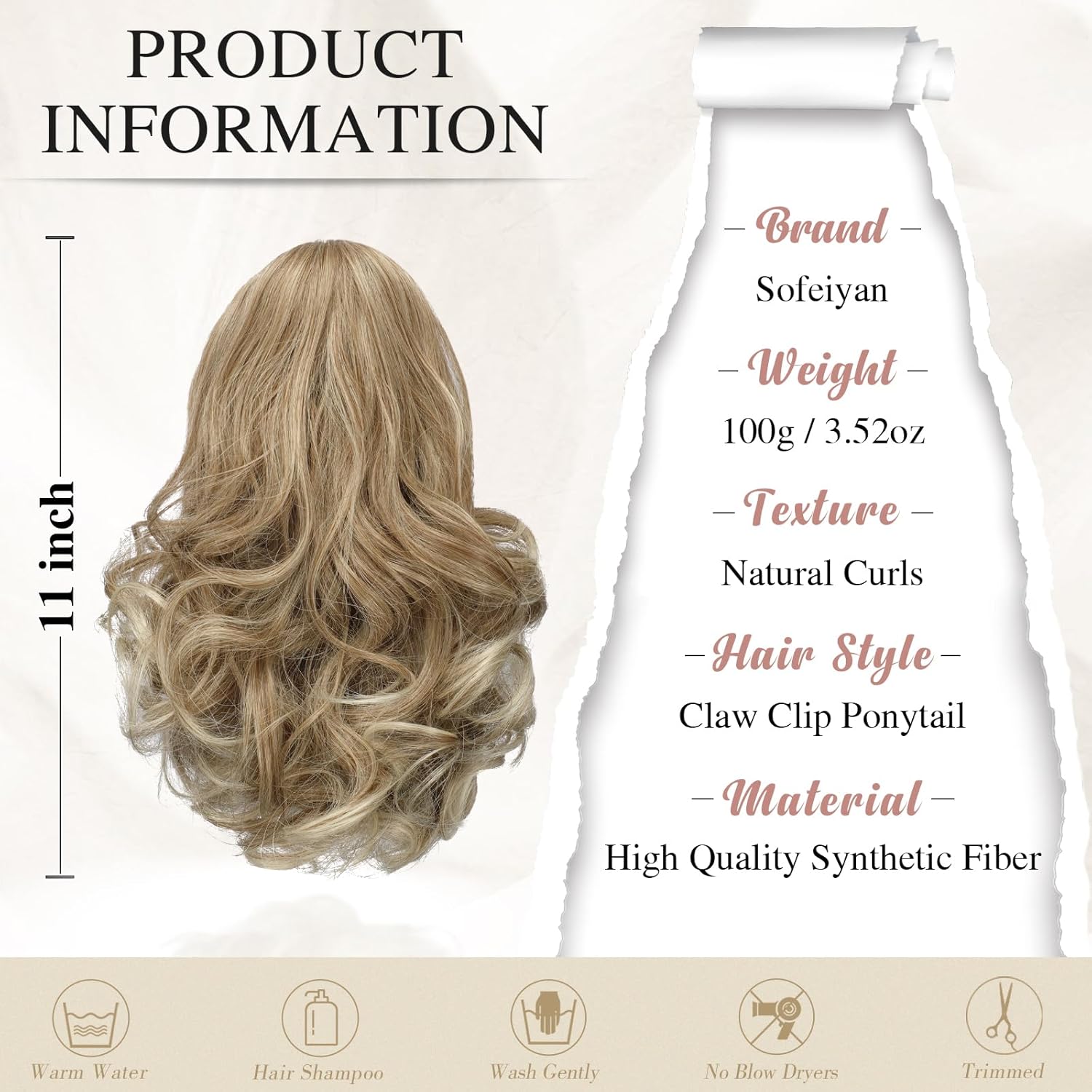 13" Ponytail Extension Long Clip in Claw Hair Extension Human Hair Wig piece