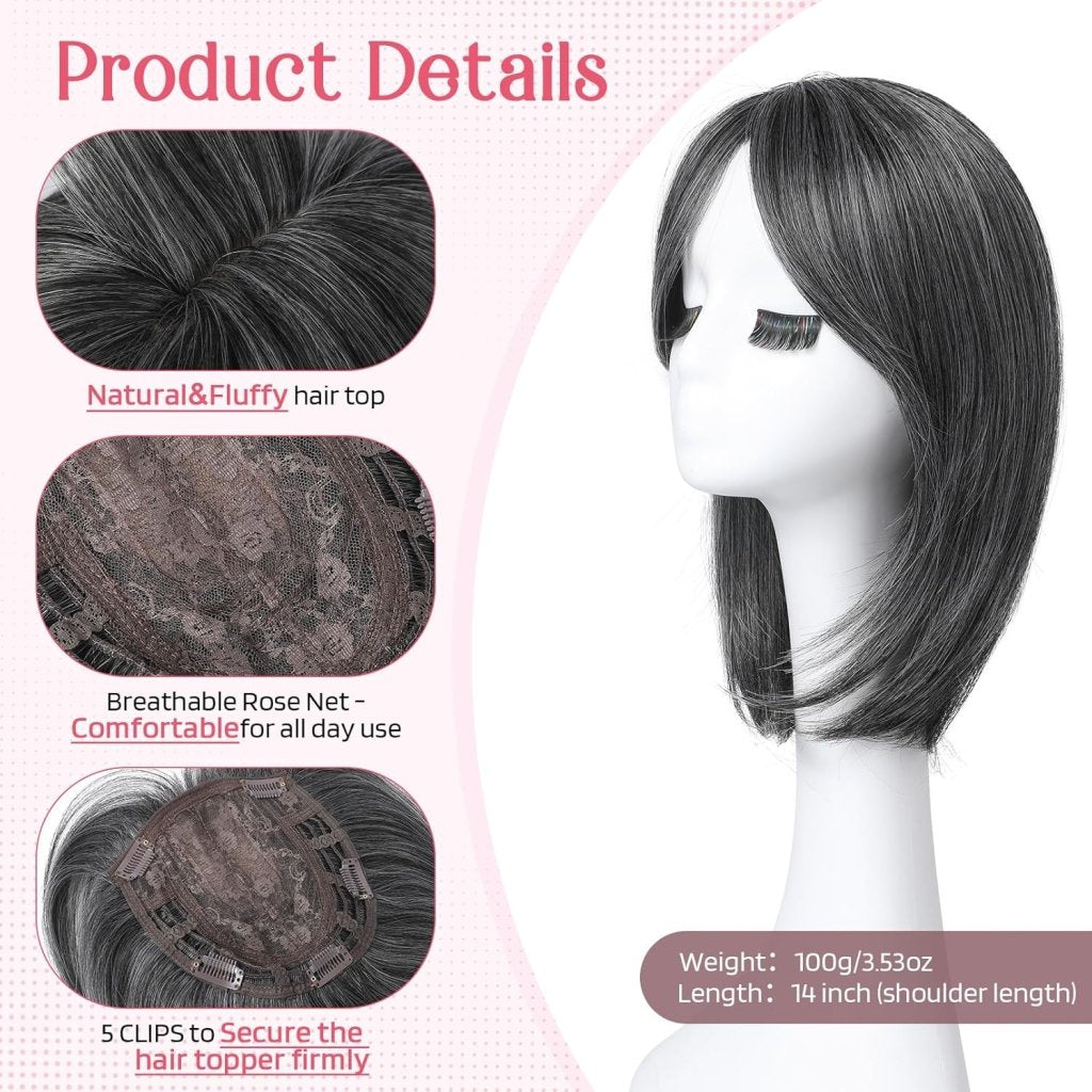 Short Layered Hair Topper with Bangs for Women with Thinning Hair 14 Inch 100% Human Hair Wigs Piece