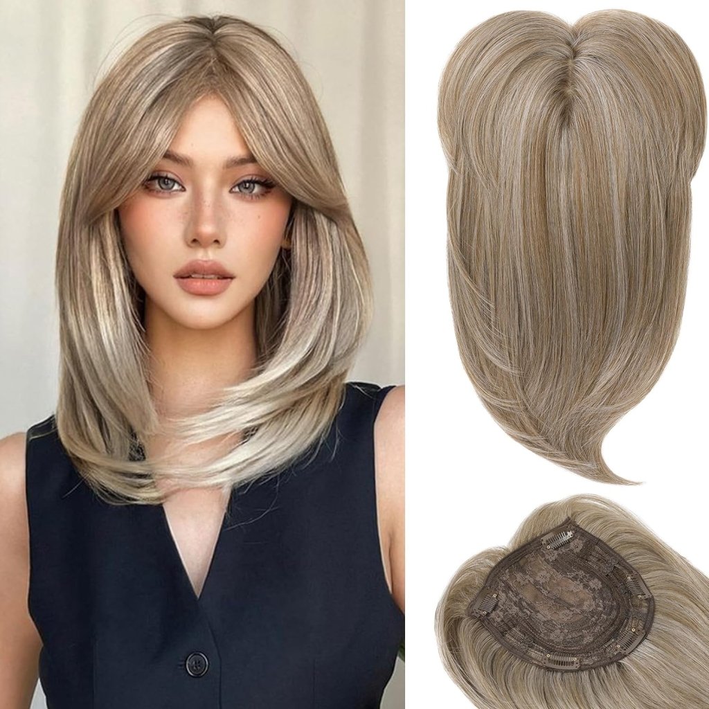 Short Layered Hair Topper with Bangs for Women with Thinning Hair 14 Inch 100% Human Hair Wigs Piece