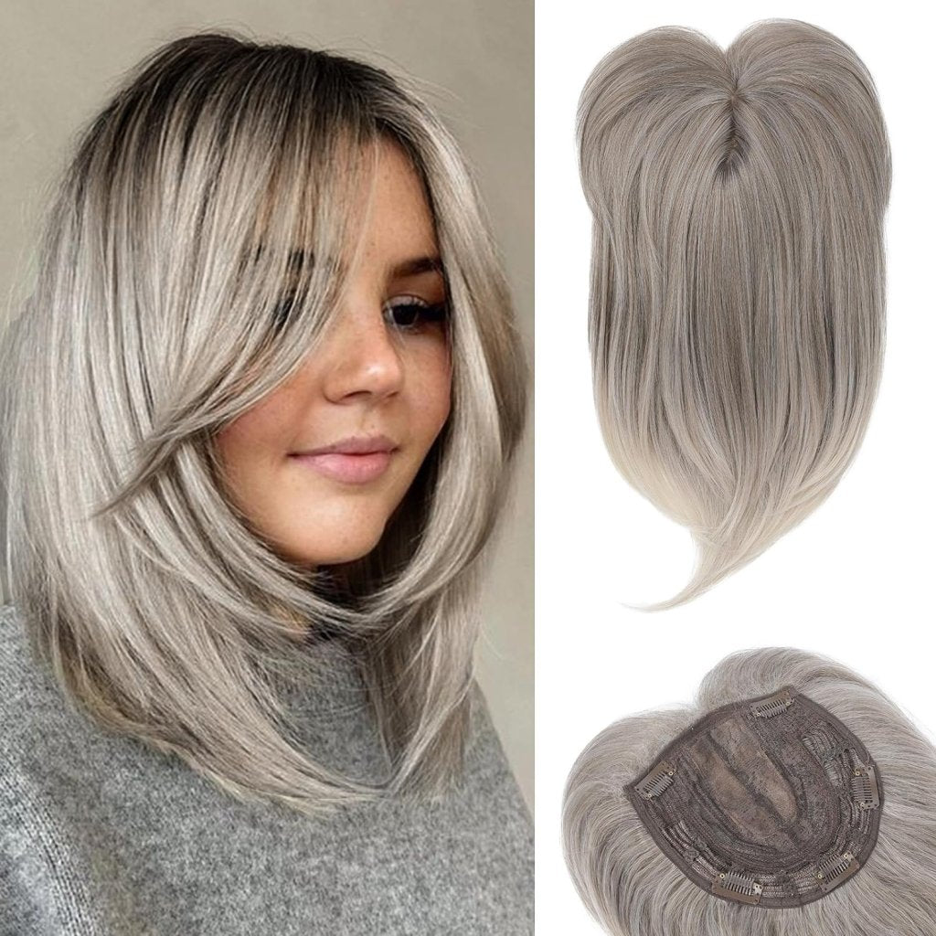 Short Layered Hair Topper with Bangs for Women with Thinning Hair 14 Inch 100% Human Hair Wigs Piece