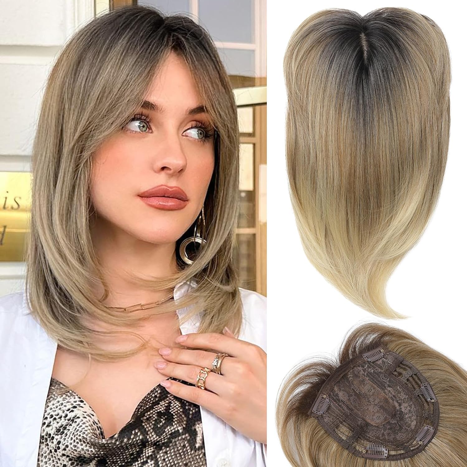 Short Layered Hair Topper with Bangs for Women with Thinning Hair 14 Inch 100% Human Hair Wigs Piece