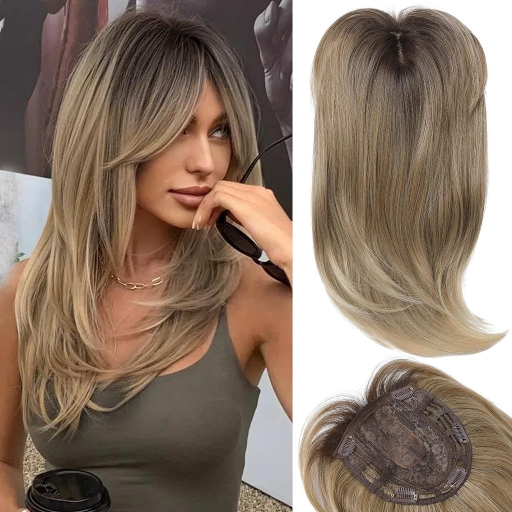 Short Layered Hair Topper with Bangs for Women with Thinning Hair 14 Inch 100% Human Hair Wigs Piece