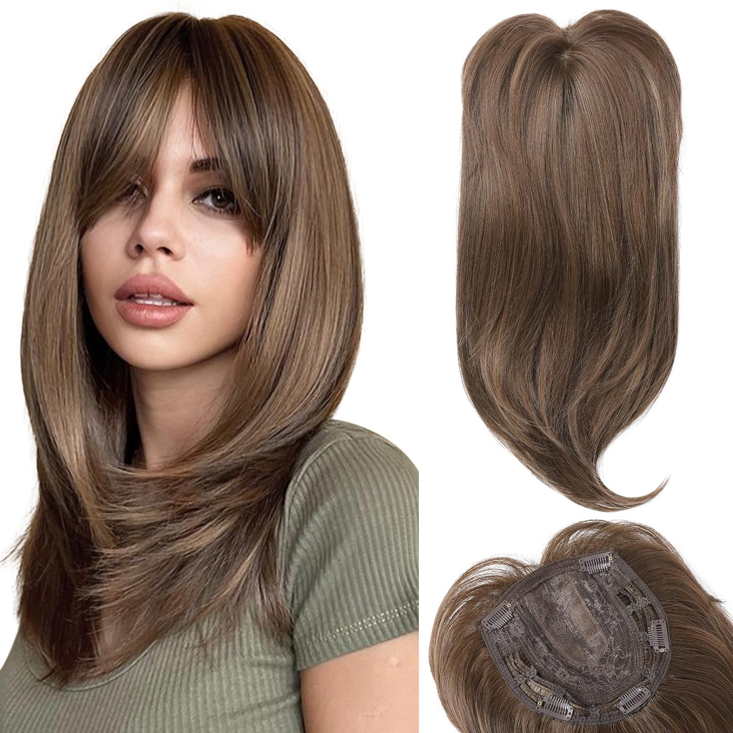 Short Layered Hair Topper with Bangs for Women with Thinning Hair 14 Inch 100% Human Hair Wigs Piece