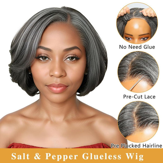 Salt and Pepper Wigs 10" Short Bob Human Hair Lace Front Wigs