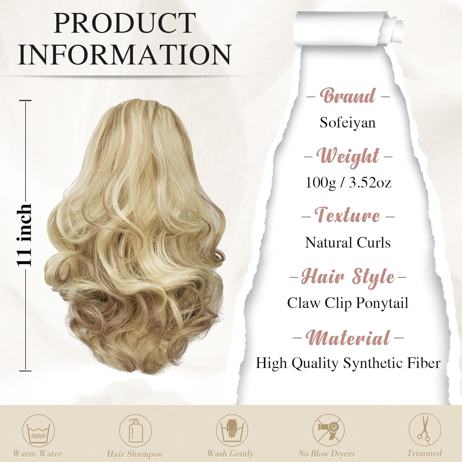 13" Ponytail Extension Long Clip in Claw Hair Extension Human Hair Wig piece
