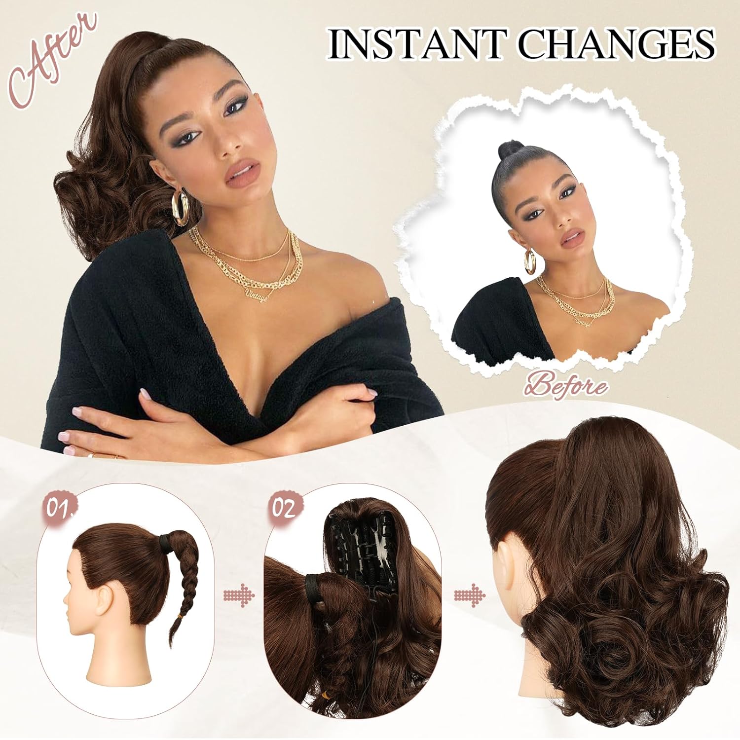 13" Ponytail Extension Long Clip in Claw Hair Extension Human Hair Wig piece
