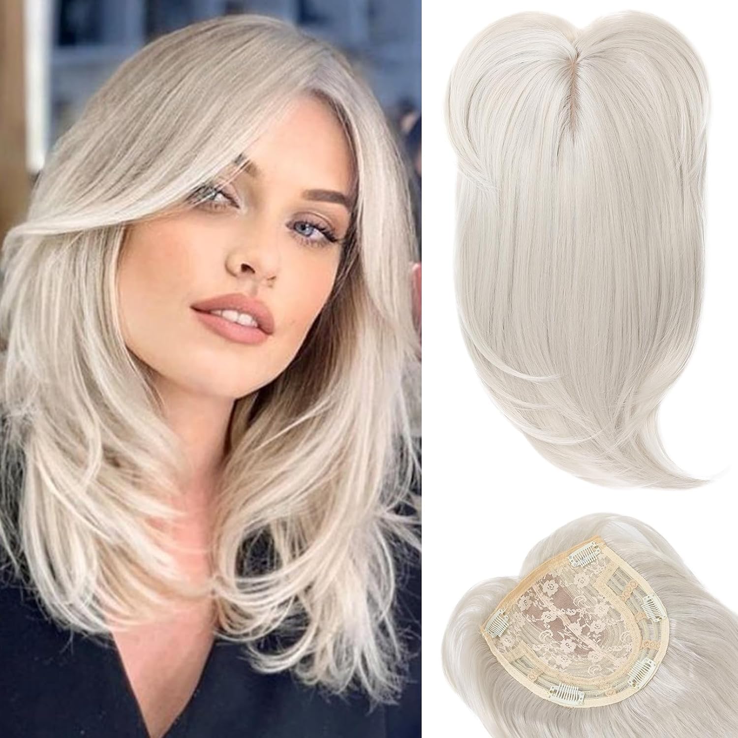 Short Layered Hair Topper with Bangs for Women with Thinning Hair 14 Inch 100% Human Hair Wigs Piece