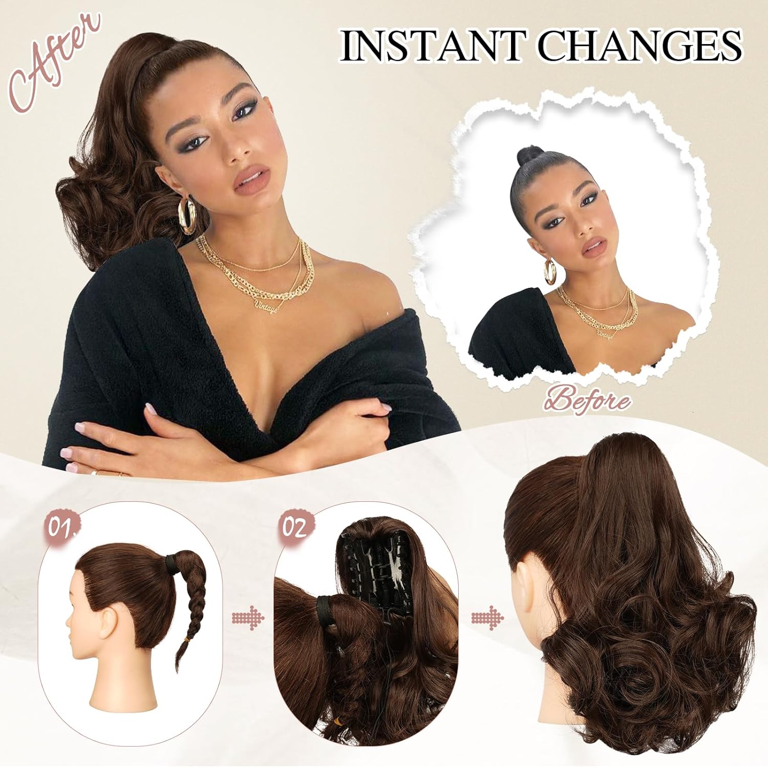 13" Ponytail Extension Long Clip in Claw Hair Extension Human Hair Wig piece