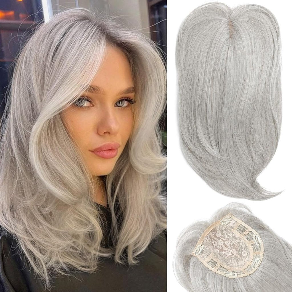 Short Layered Hair Topper with Bangs for Women with Thinning Hair 14 Inch 100% Human Hair Wigs Piece