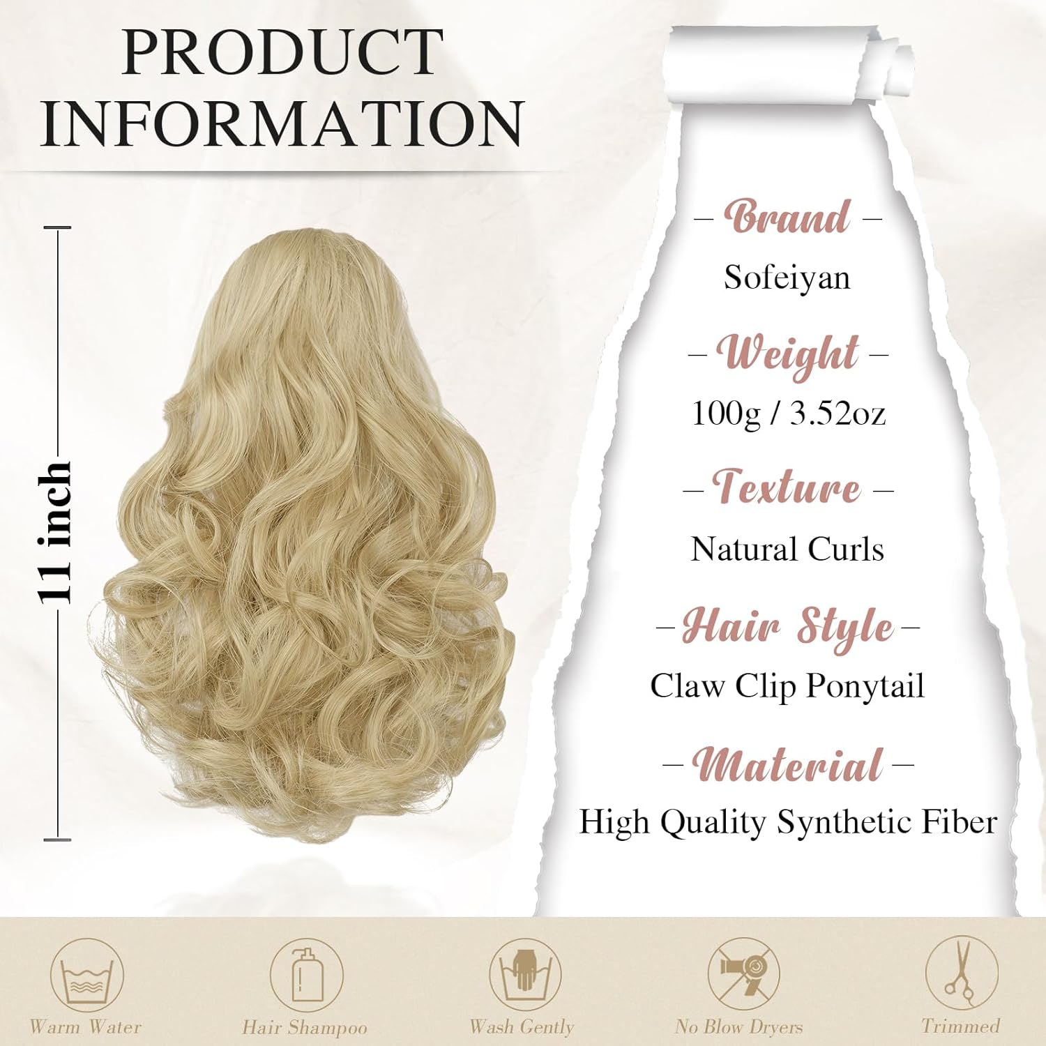 13" Ponytail Extension Long Clip in Claw Hair Extension Human Hair Wig piece