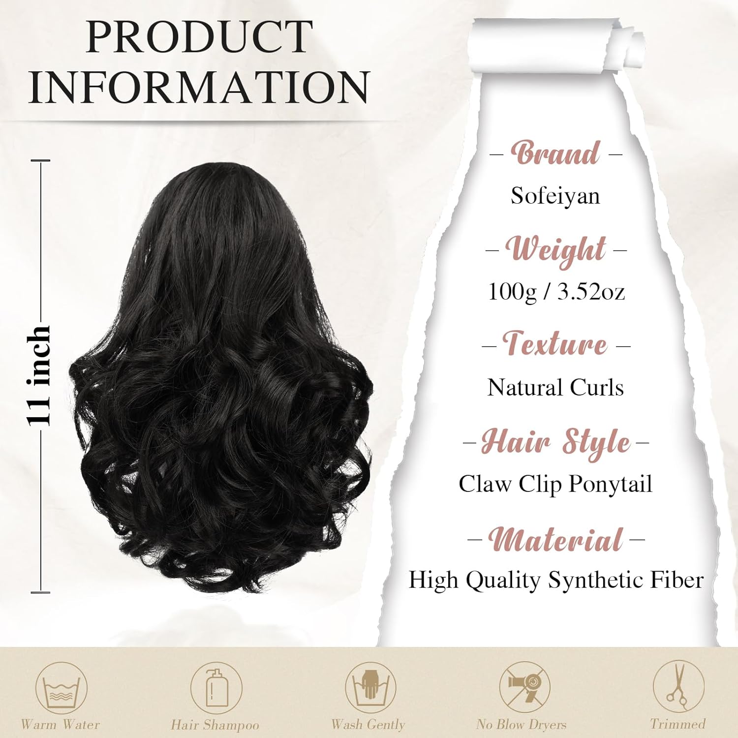 13" Ponytail Extension Long Clip in Claw Hair Extension Human Hair Wig piece