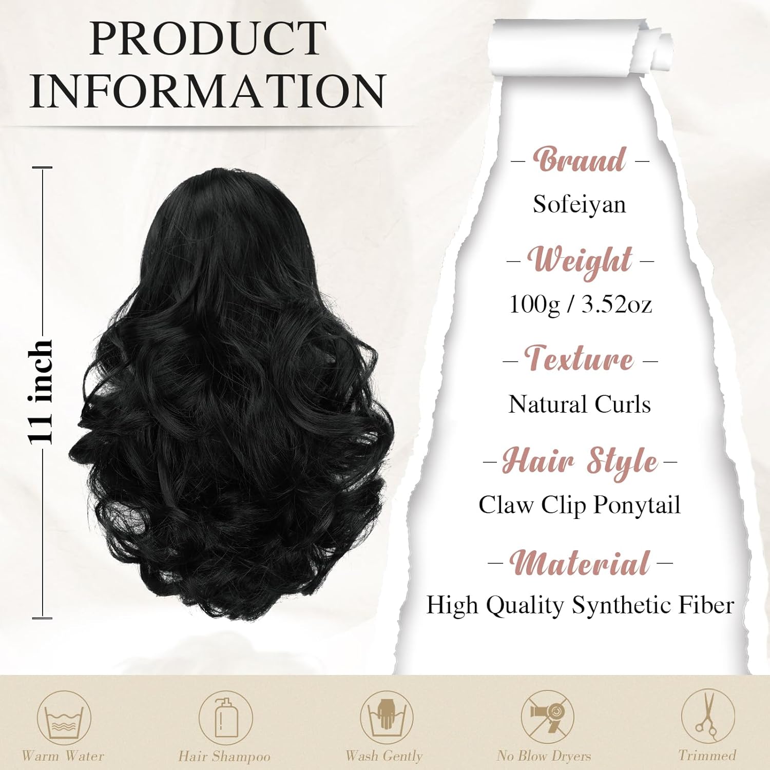 13" Ponytail Extension Long Clip in Claw Hair Extension Human Hair Wig piece