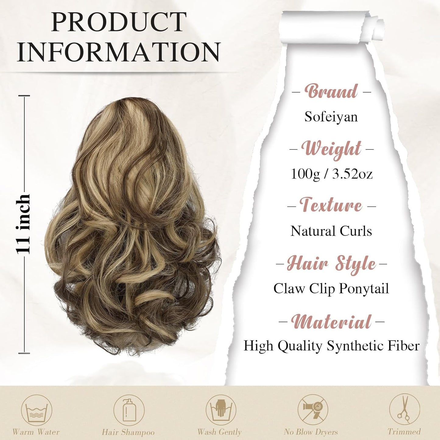 13" Ponytail Extension Long Clip in Claw Hair Extension Human Hair Wig piece