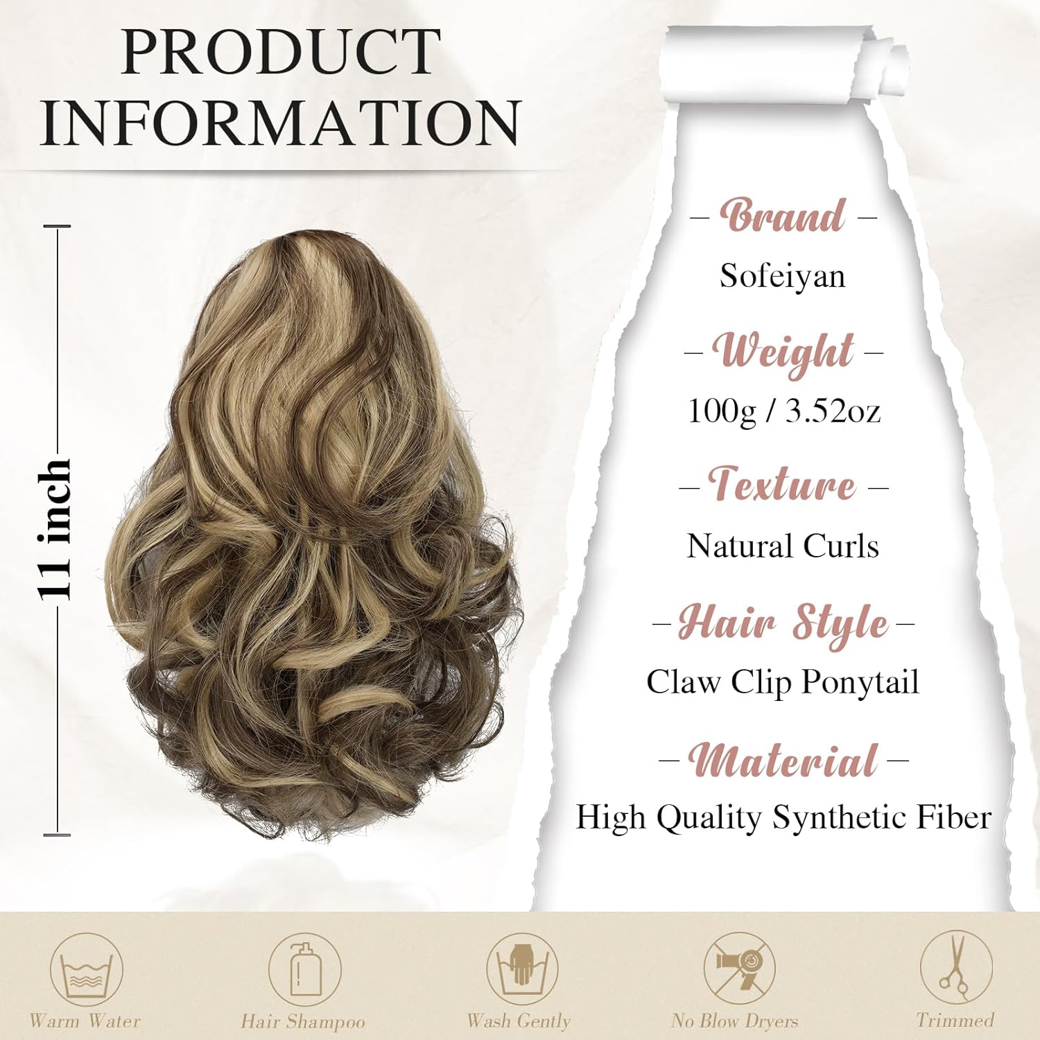 13" Ponytail Extension Long Clip in Claw Hair Extension Human Hair Wig piece