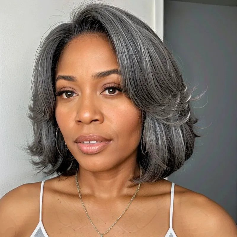 Salt and Pepper Short Bob Wigs Straight Human Hair Lace Front/Closure Wigs
