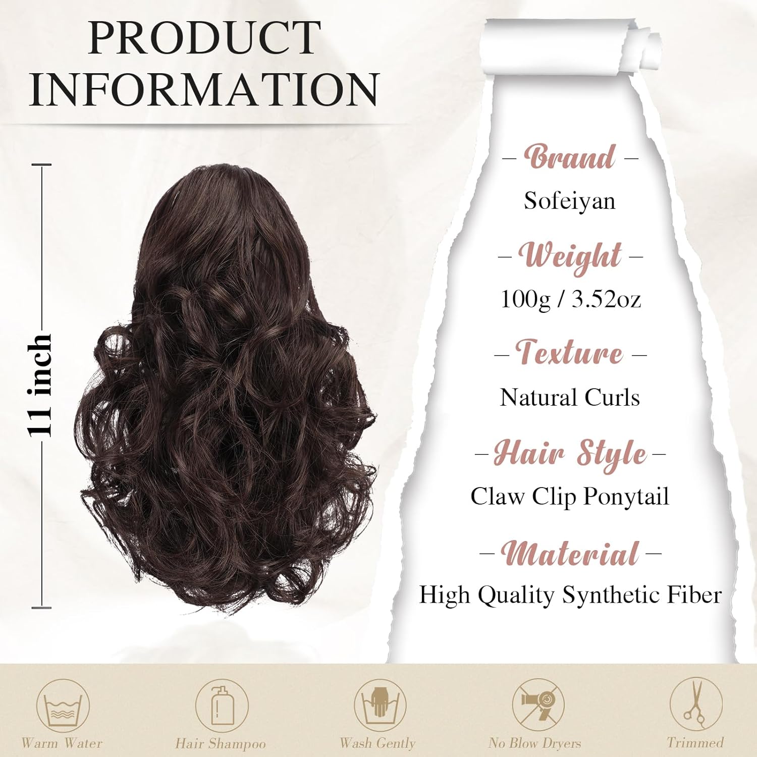 13" Ponytail Extension Long Clip in Claw Hair Extension Human Hair Wig piece