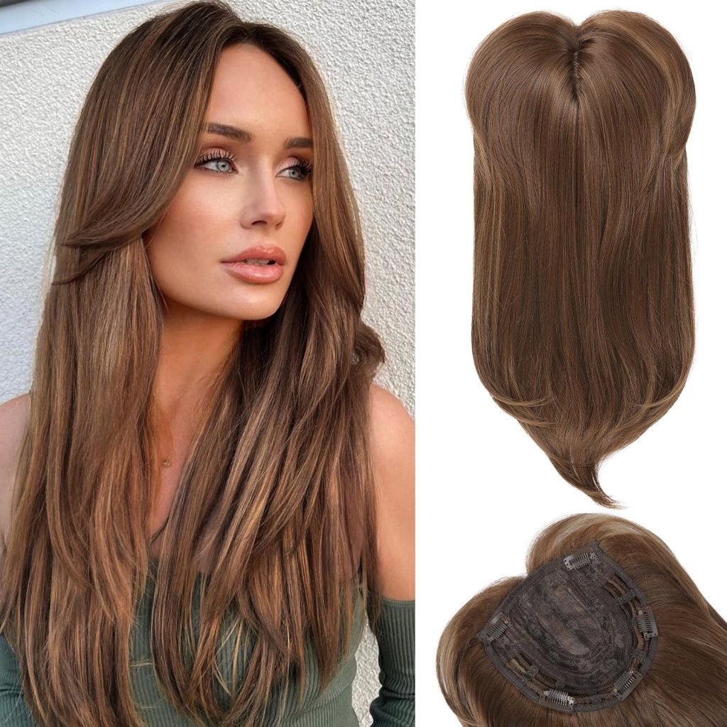 Short Layered Hair Topper with Bangs for Women with Thinning Hair 14 Inch 100% Human Hair Wigs Piece