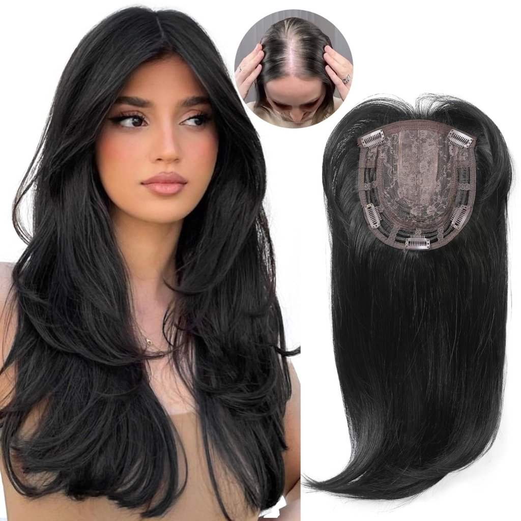 Short Layered Hair Topper with Bangs for Women with Thinning Hair 14 Inch 100% Human Hair Wigs Piece