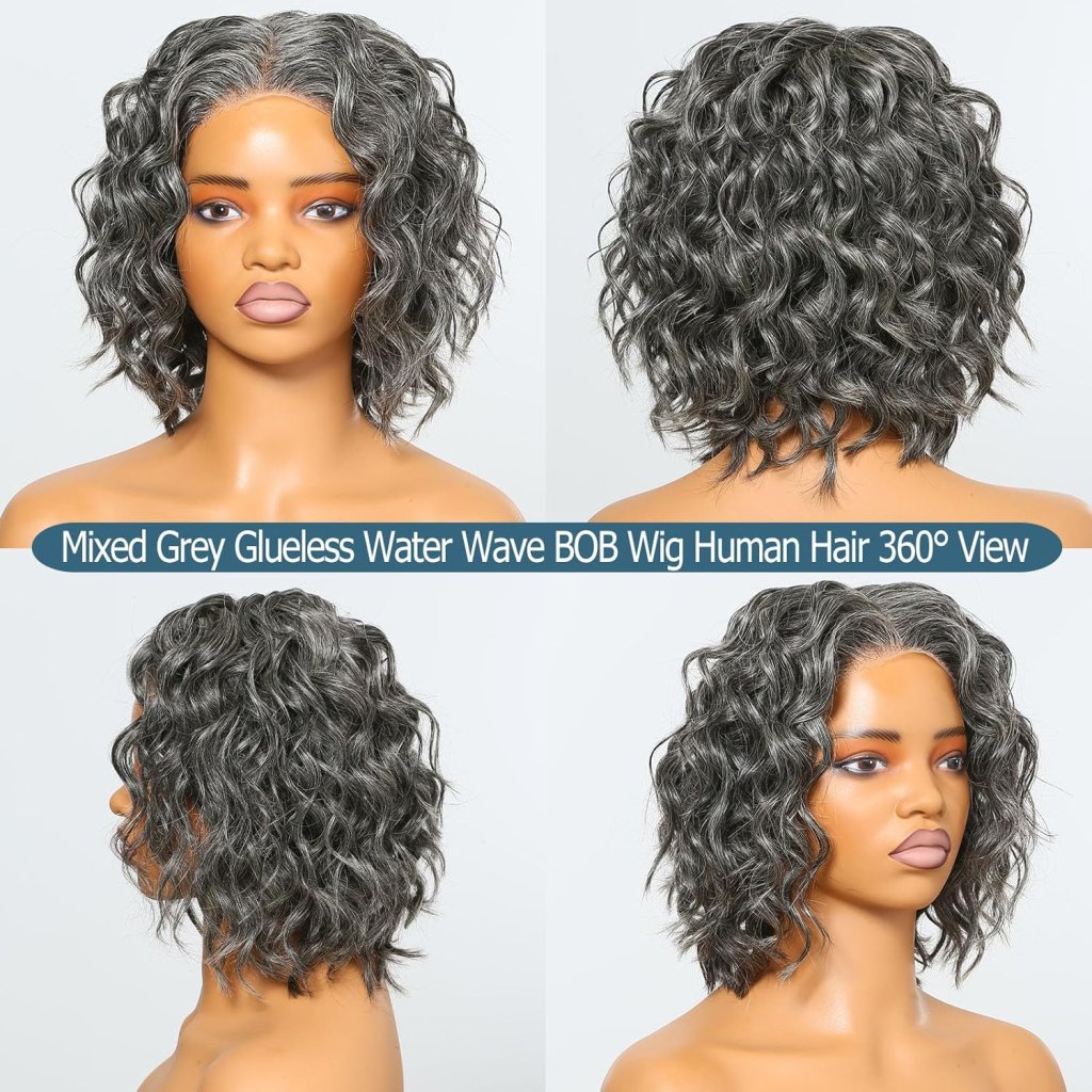Salt And Pepper Human Hair Wigs Water Wave Grey Lace Front Wigs Short Bob Wig for Black Women
