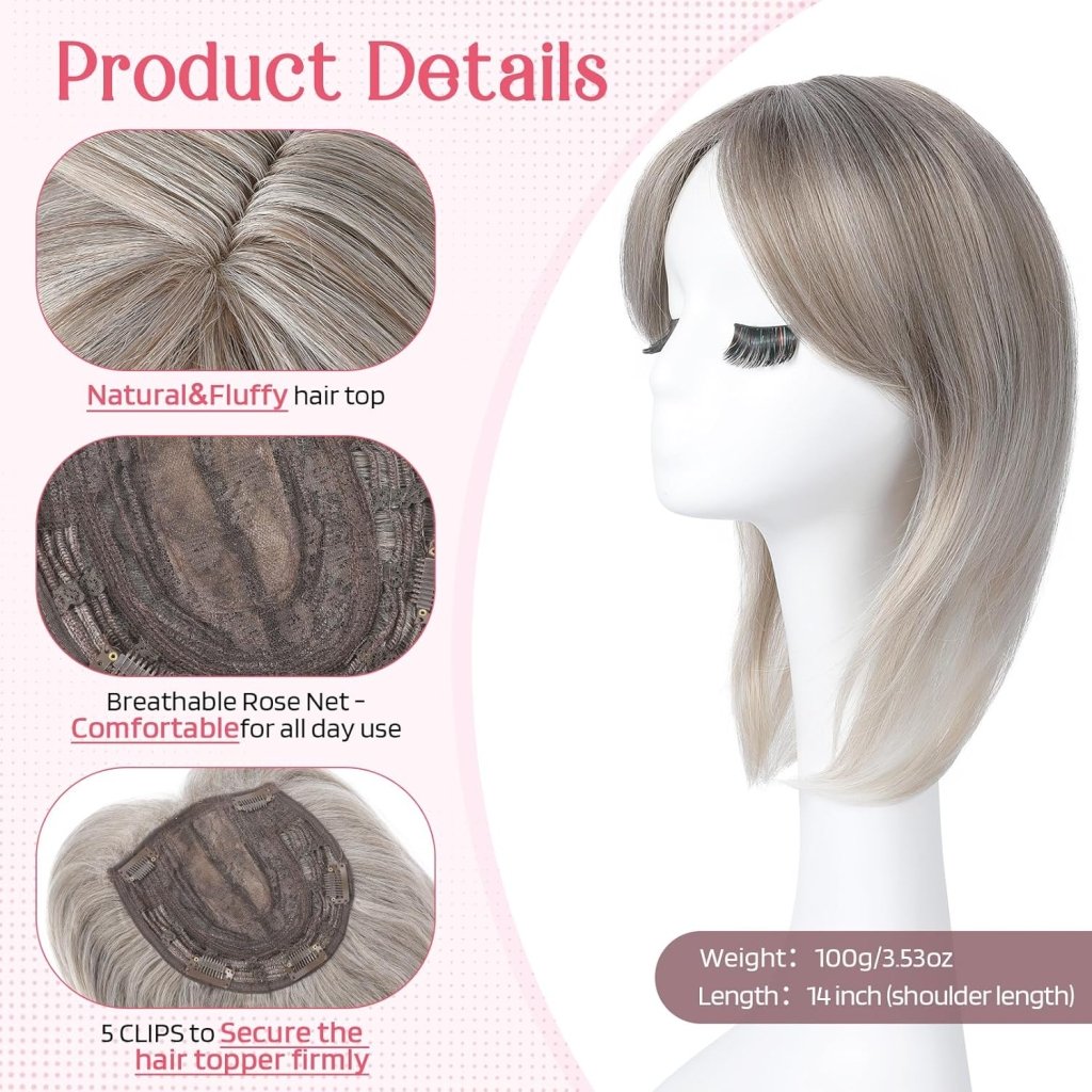 Short Layered Hair Topper with Bangs for Women with Thinning Hair 14 Inch 100% Human Hair Wigs Piece