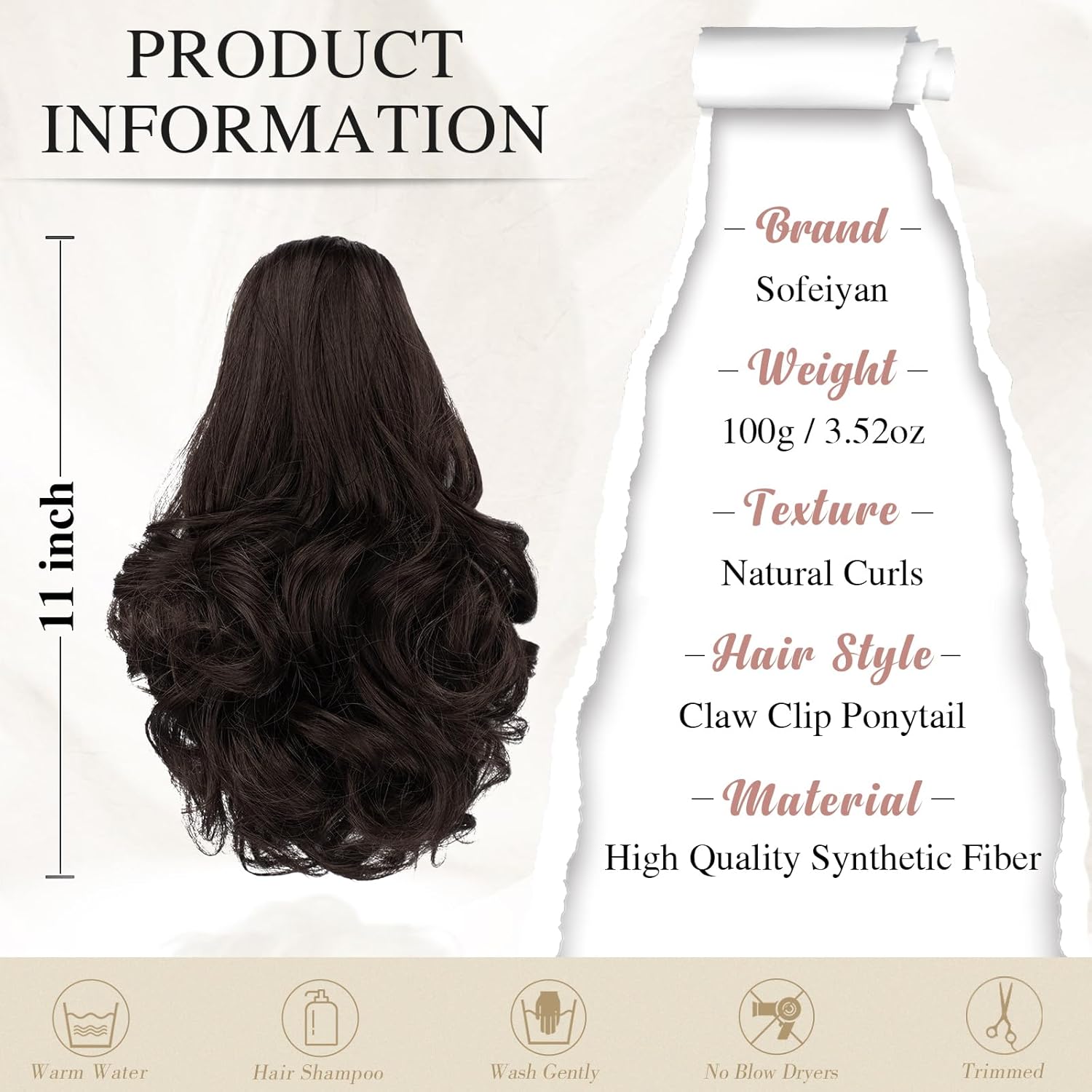 13" Ponytail Extension Long Clip in Claw Hair Extension Human Hair Wig piece