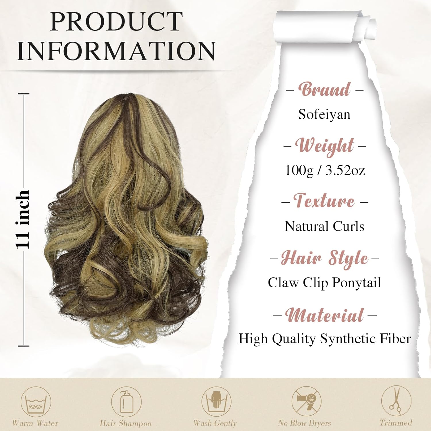 13" Ponytail Extension Long Clip in Claw Hair Extension Human Hair Wig piece