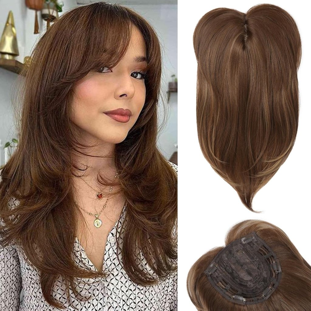 Short Layered Hair Topper with Bangs for Women with Thinning Hair 14 Inch 100% Human Hair Wigs Piece