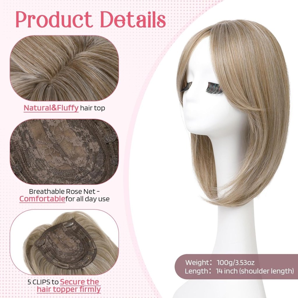Short Layered Hair Topper with Bangs for Women with Thinning Hair 14 Inch 100% Human Hair Wigs Piece