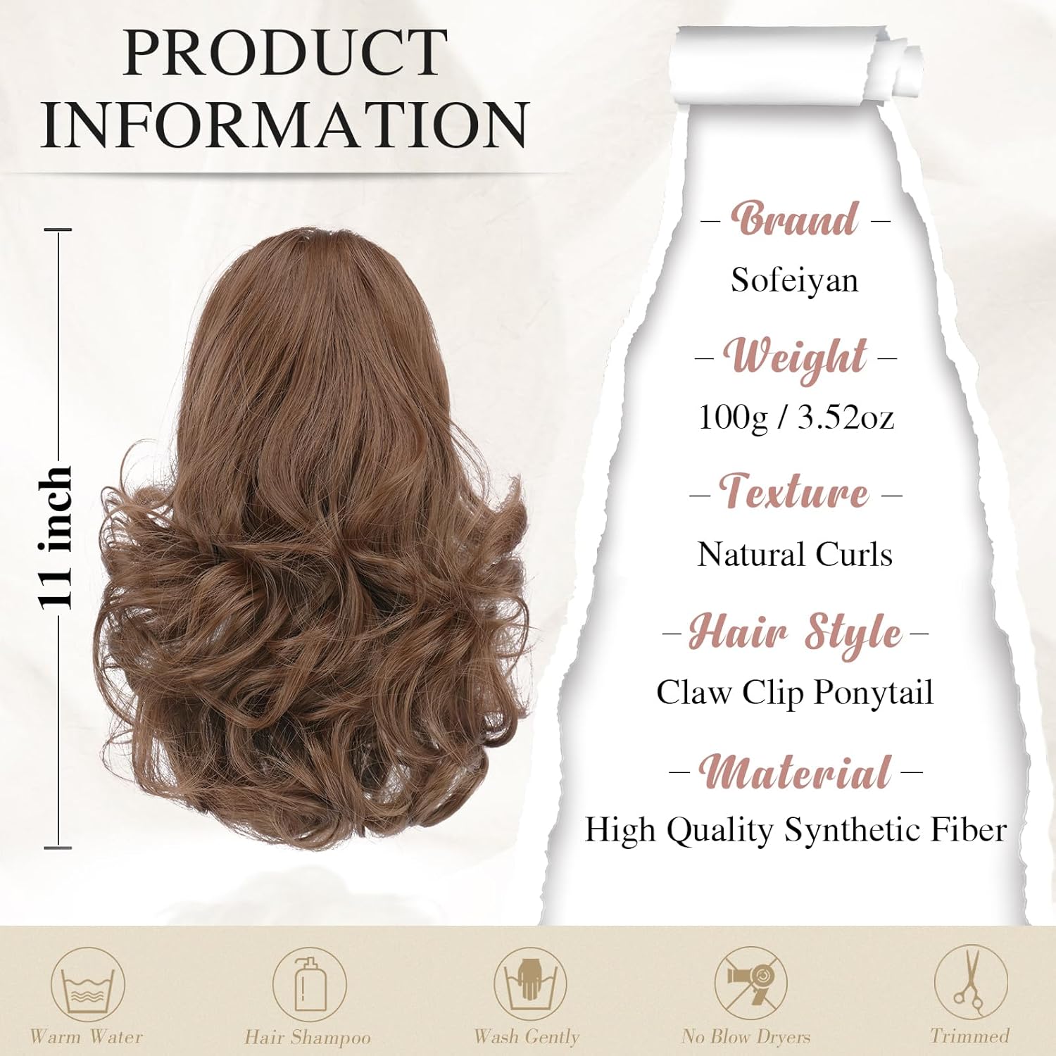 13" Ponytail Extension Long Clip in Claw Hair Extension Human Hair Wig piece