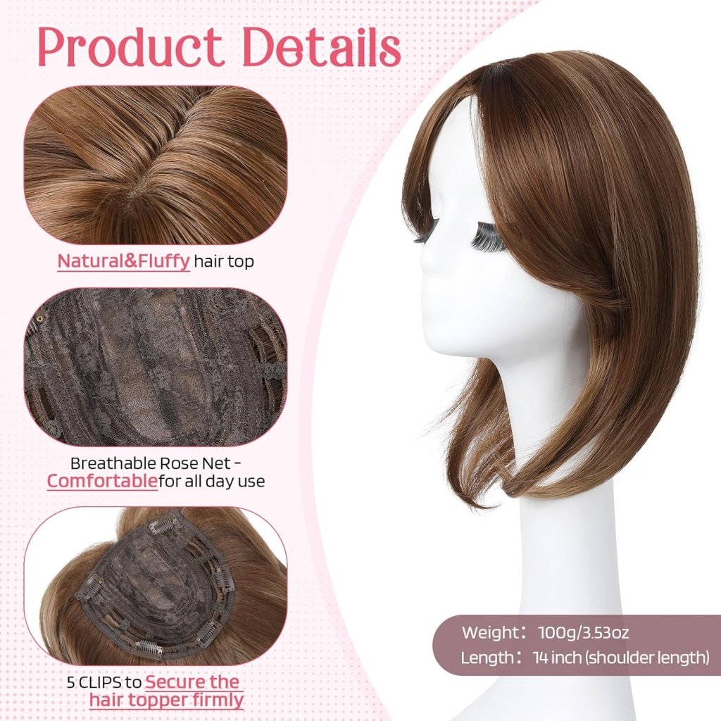 Short Layered Hair Topper with Bangs for Women with Thinning Hair 14 Inch 100% Human Hair Wigs Piece