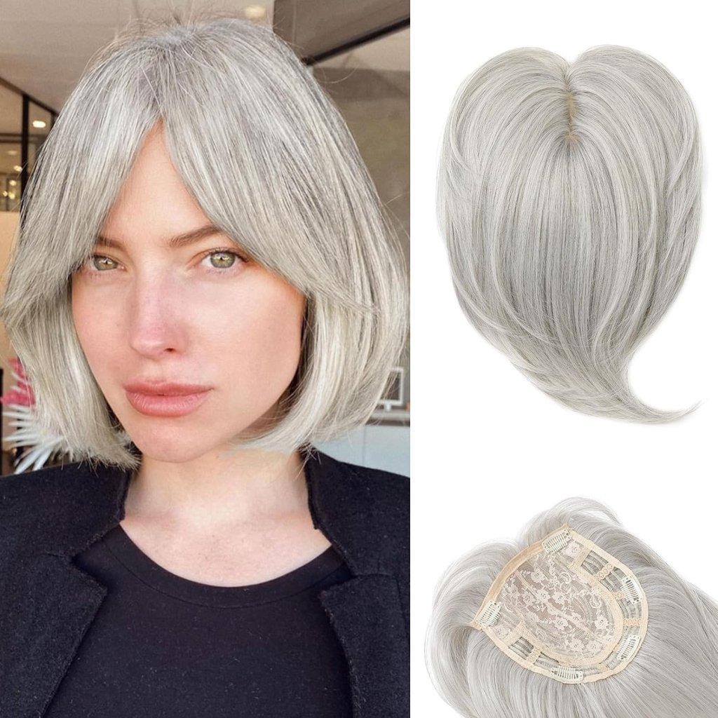 Short Layered Hair Topper with Bangs for Women with Thinning Hair 14 Inch 100% Human Hair Wigs Piece
