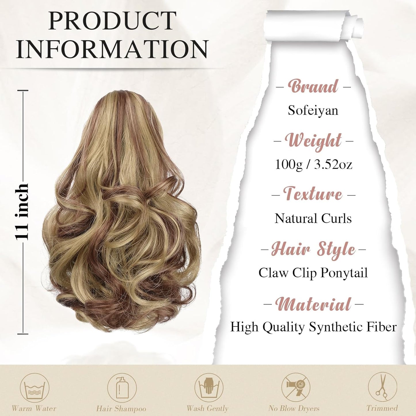 13" Ponytail Extension Long Clip in Claw Hair Extension Human Hair Wig piece