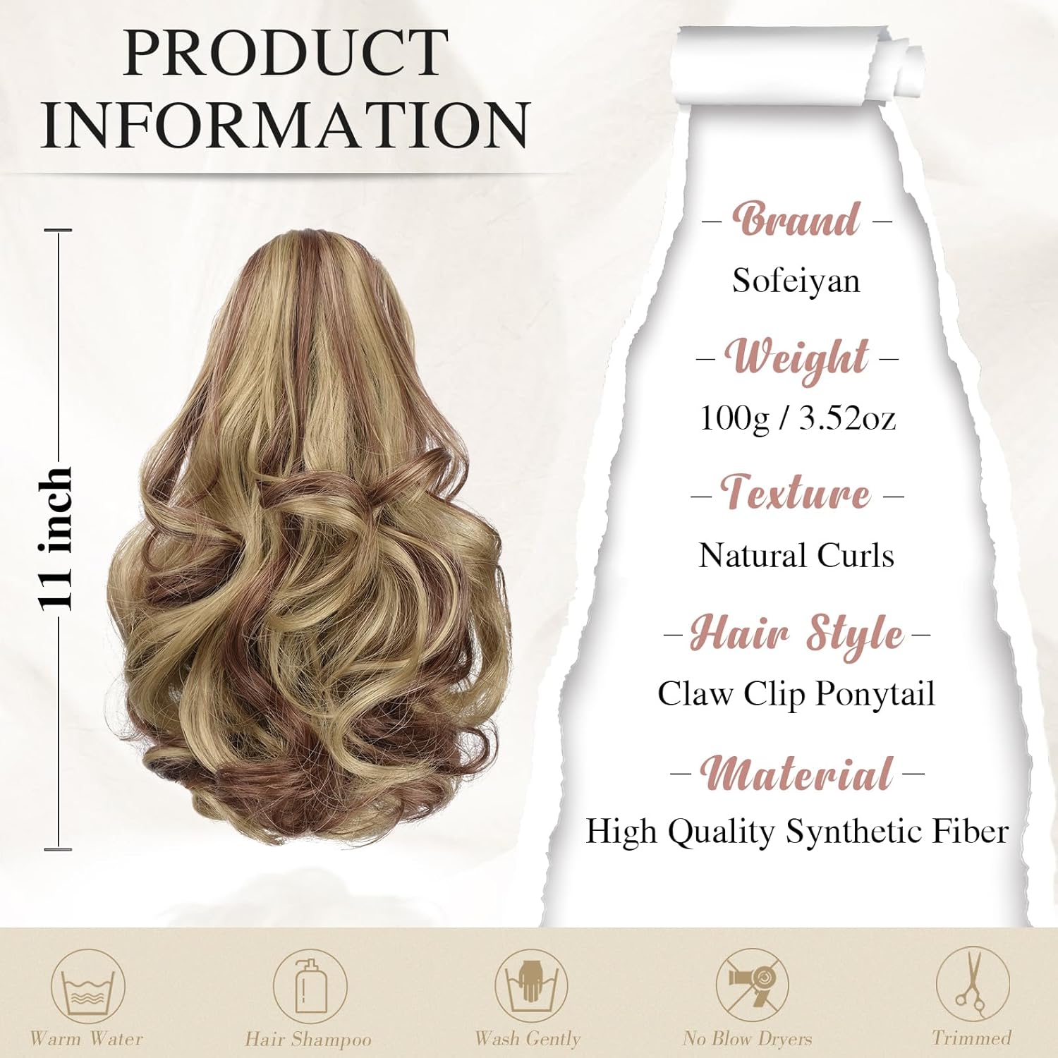 13" Ponytail Extension Long Clip in Claw Hair Extension Human Hair Wig piece