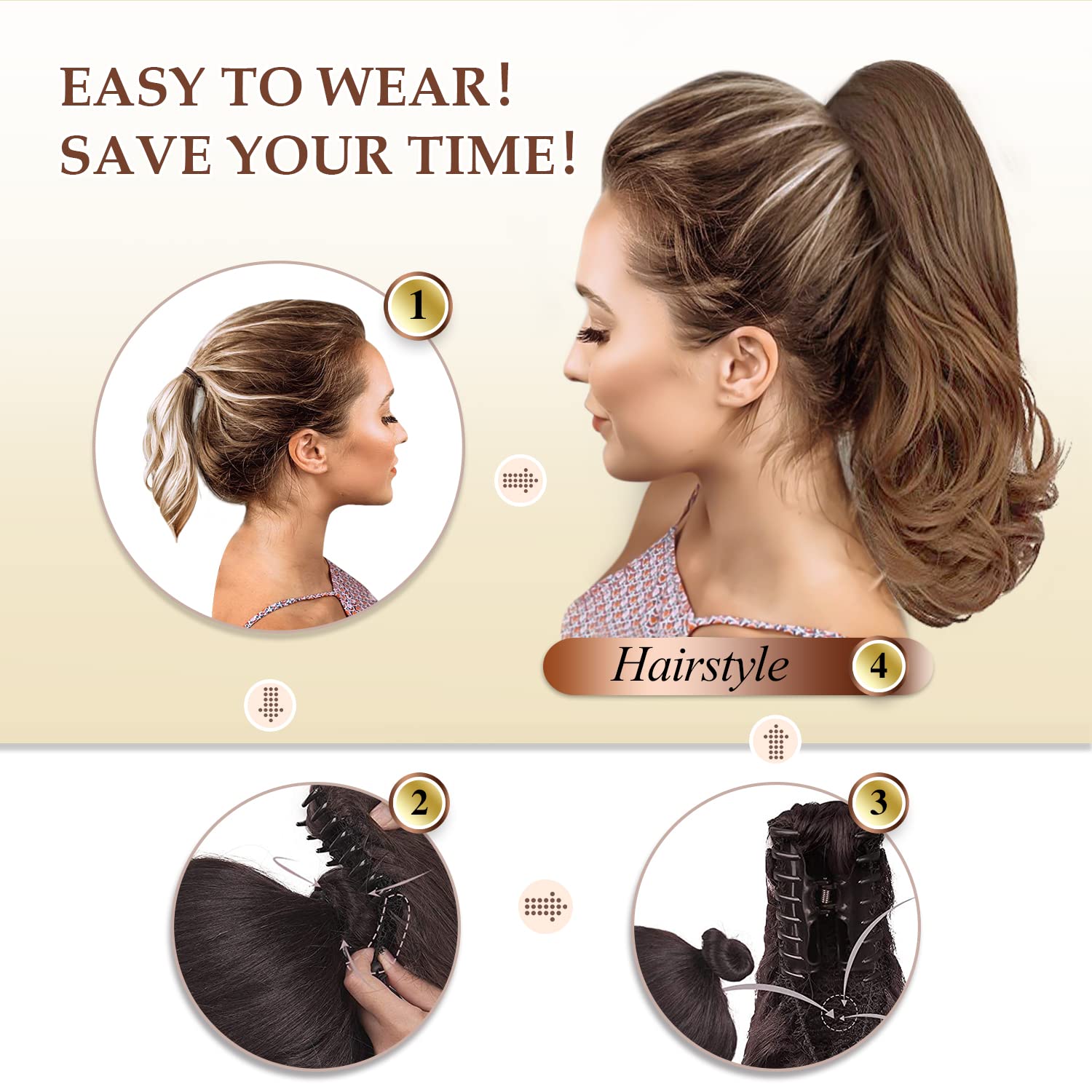 13" Ponytail Extension Long Clip in Claw Hair Extension Human Hair Wig piece
