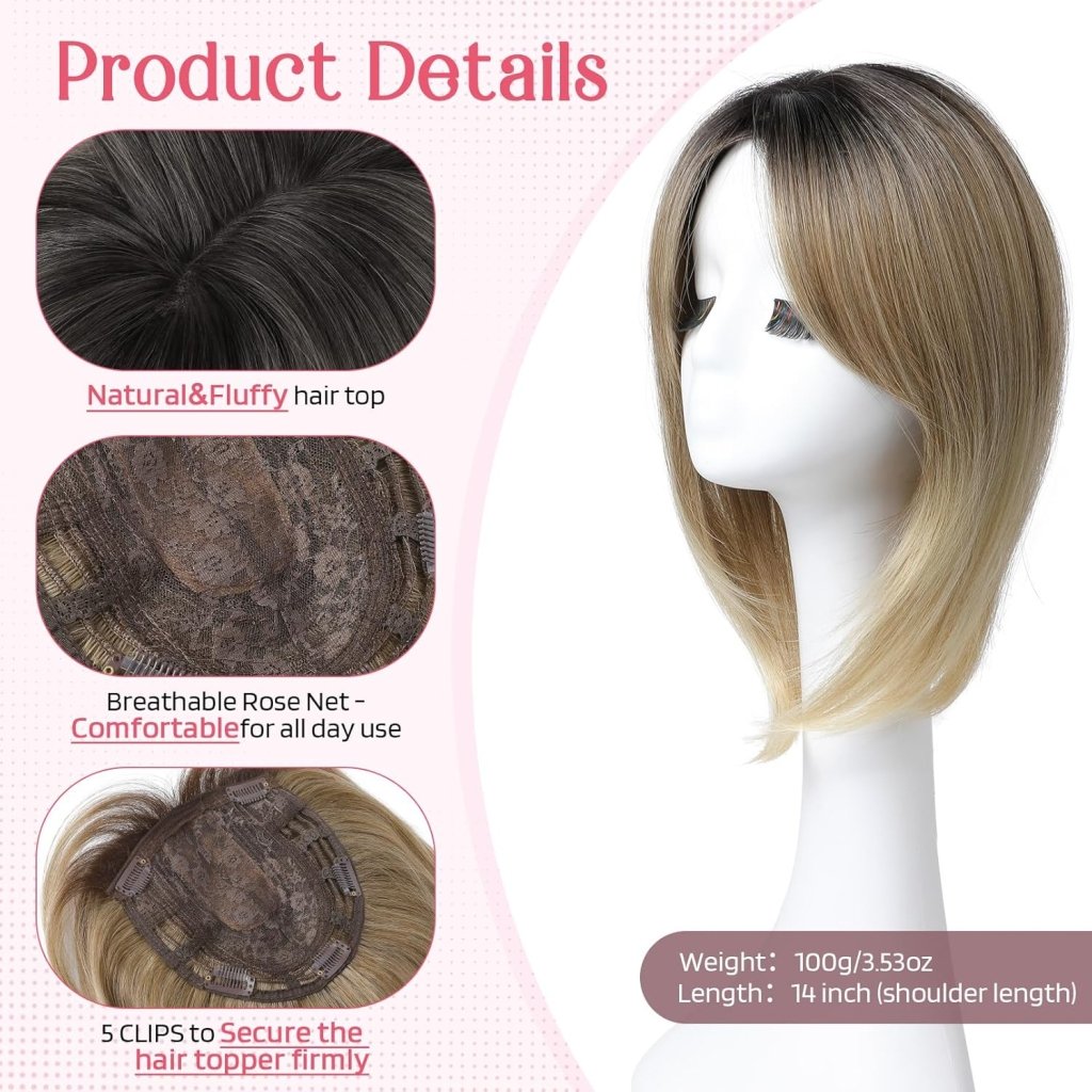 Short Layered Hair Topper with Bangs for Women with Thinning Hair 14 Inch 100% Human Hair Wigs Piece