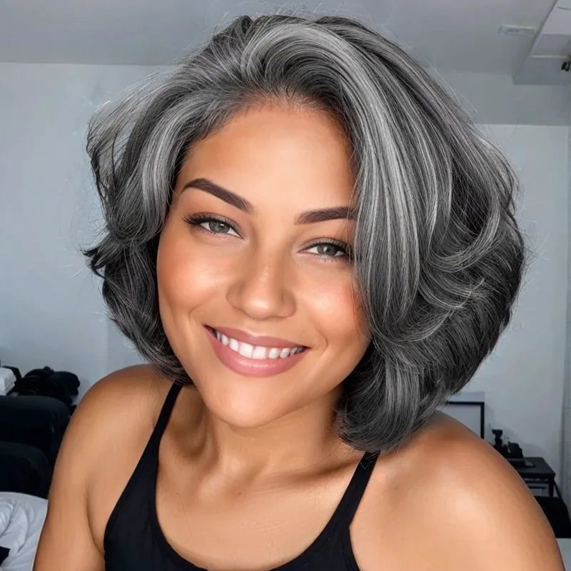 Salt and Pepper Short Bob Wigs Straight Human Hair Lace Front/Closure Wigs
