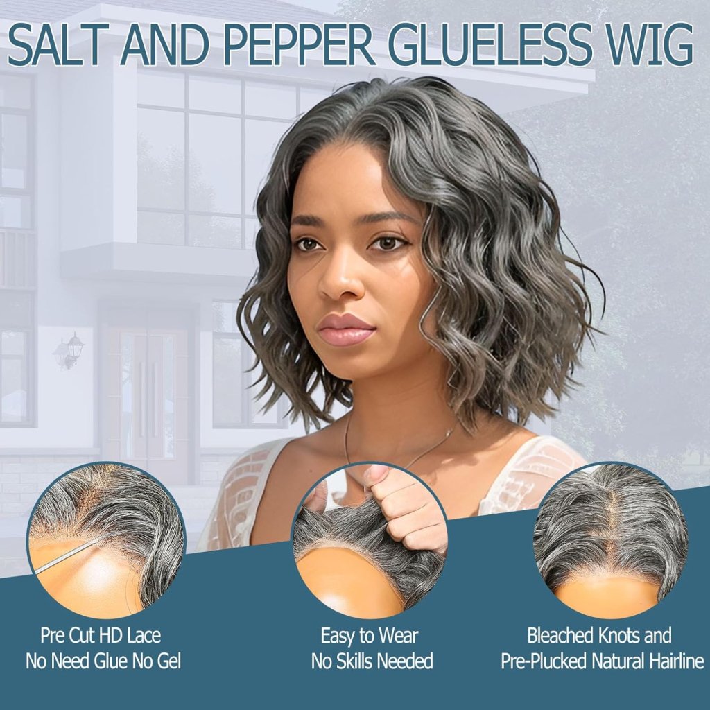 Salt And Pepper Human Hair Wigs Water Wave Grey Lace Front Wigs Short Bob Wig for Black Women
