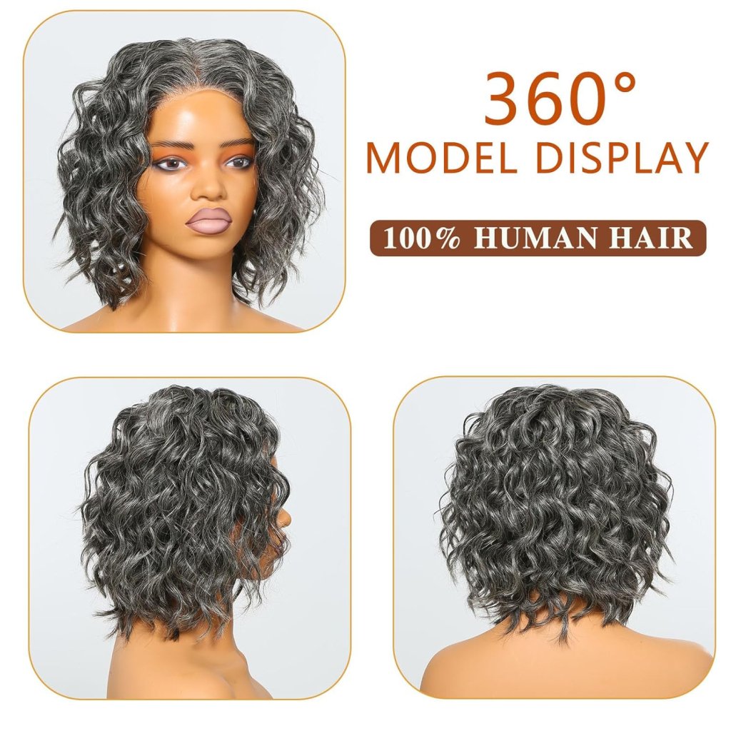 12" Glueless Wavy Bob Wigs Salt and Pepper Human Hair Wigs