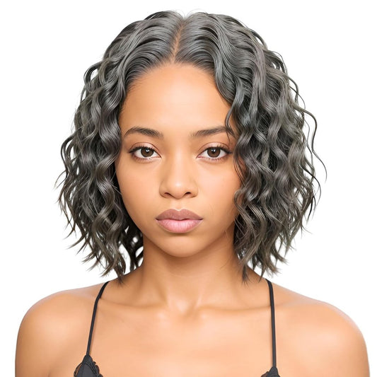 Salt And Pepper Human Hair Wigs Water Wave Grey Lace Front Wigs Short Bob Wig for Black Women